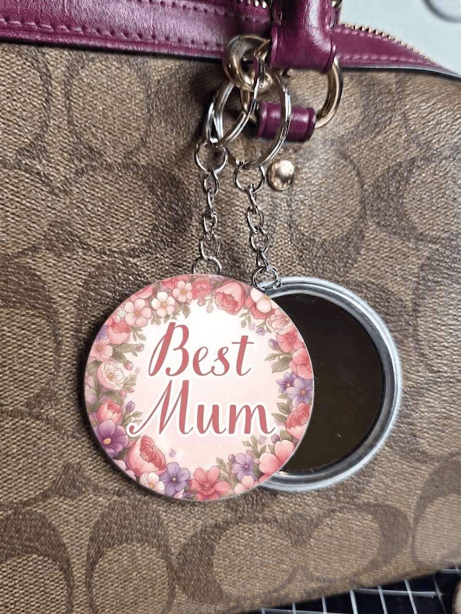 mirror key ring that says best mum with floral background