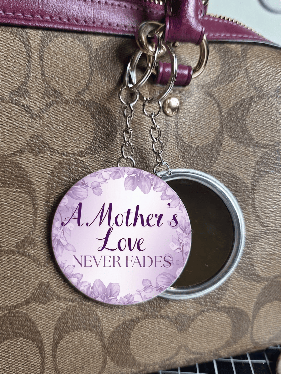 Mirror keyring with 'A Mother's Love NEVER FADES' text on a floral pattern against a brown textured background.