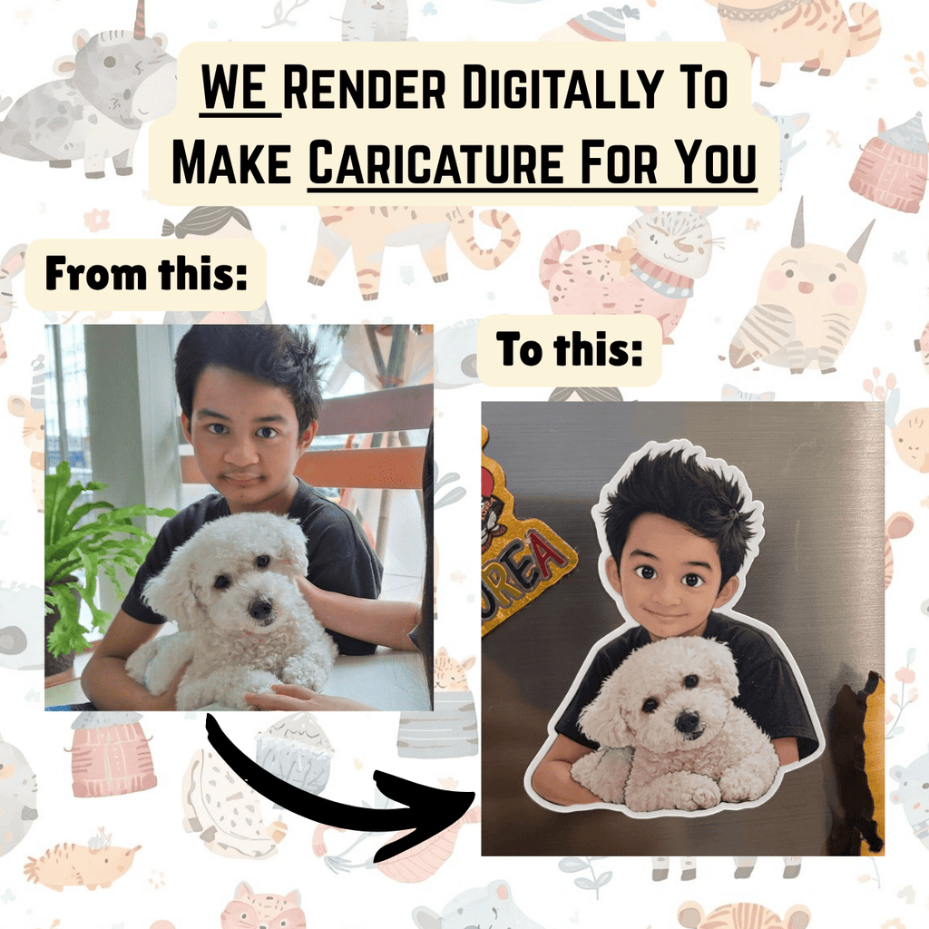 Digital caricature of a person with a dog, surrounded by cartoon animals and text about caricature services.