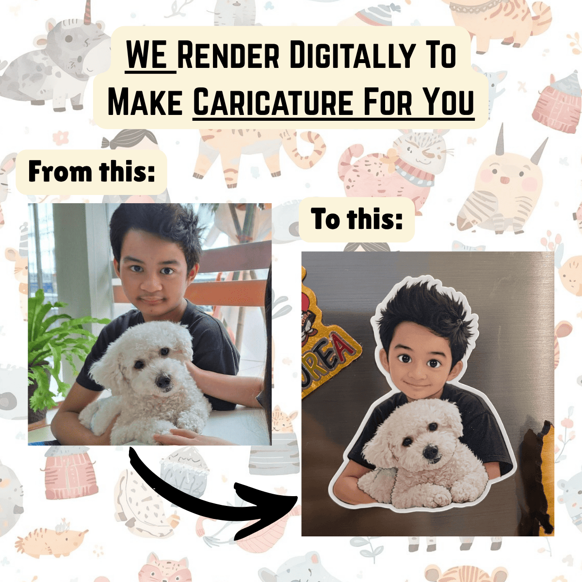 Digital caricature of a person with a dog, surrounded by cartoon animals and text about caricature services.