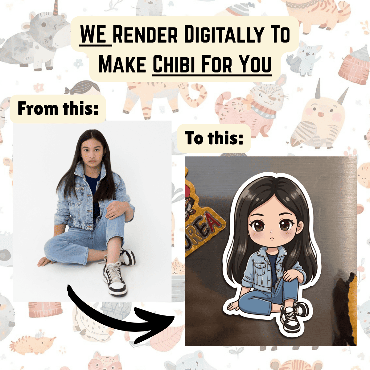 Before and after transformation of a person into a chibi character with cartoon animals in the background.