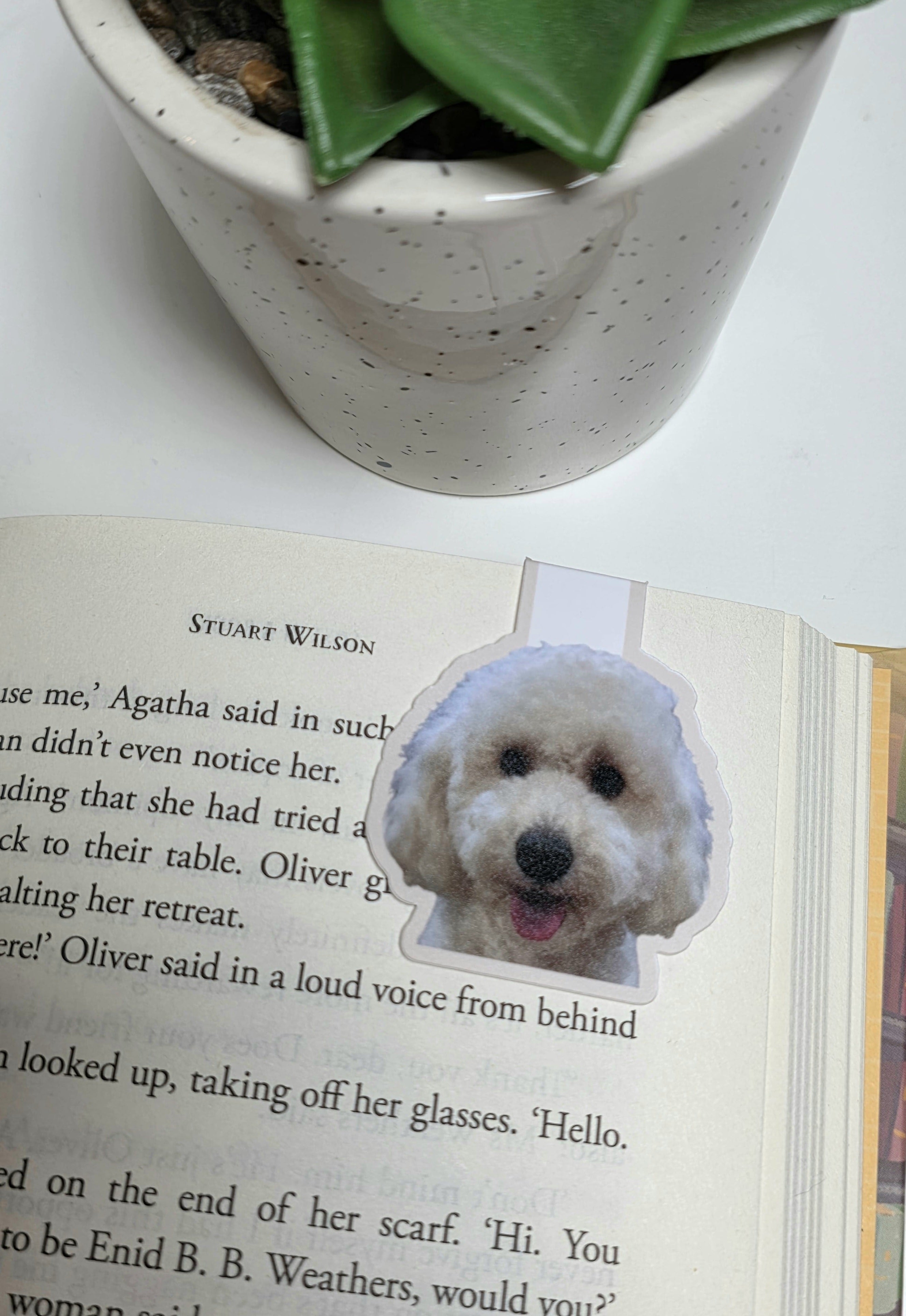 Dog-shaped bookmark on an open book with a potted plant in the background