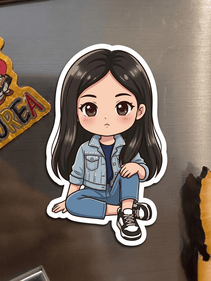 Cartoon character sticker on a metallic surface