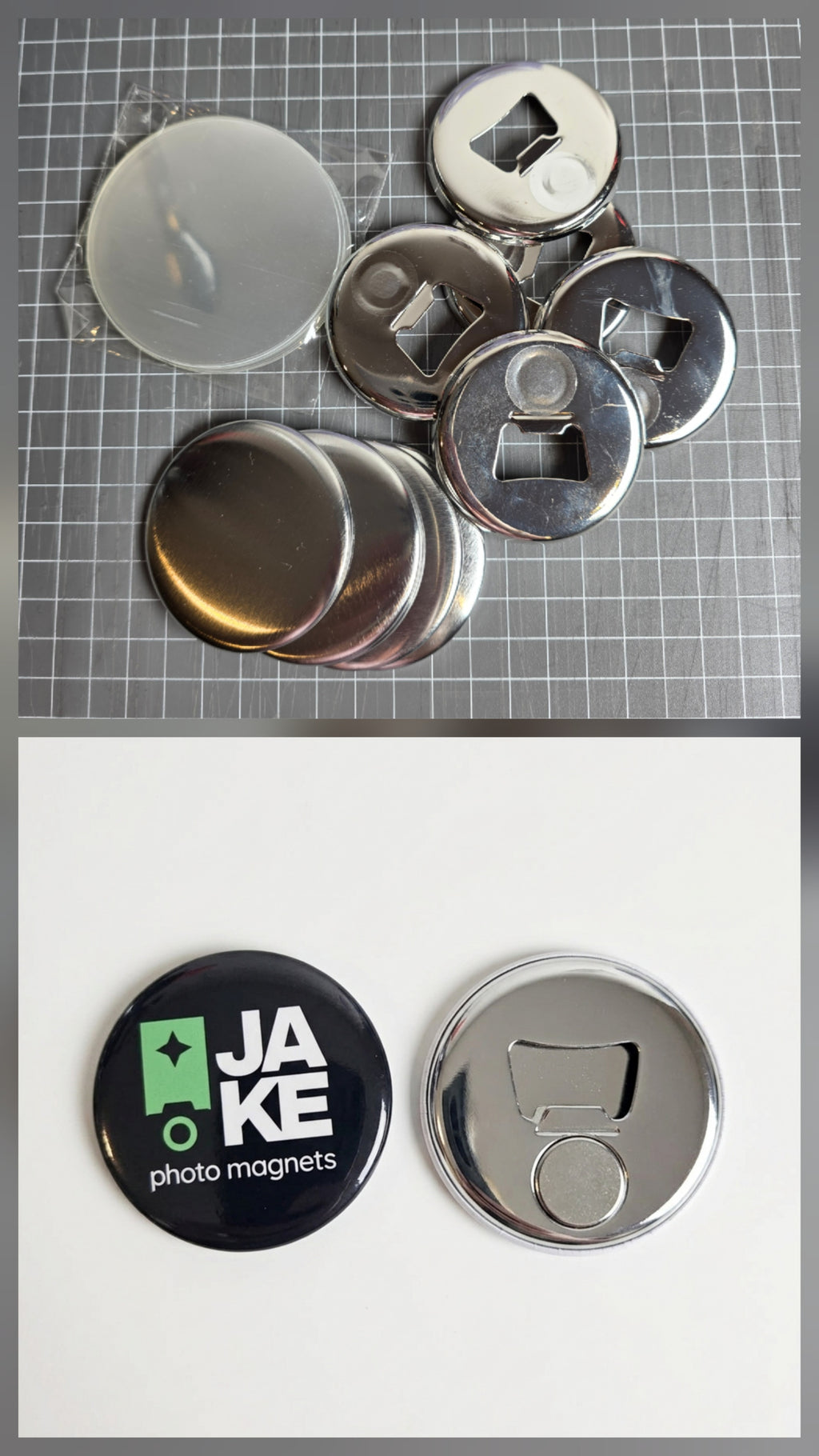 Metal bottle caps with different designs on a grid background, and a close-up of a metal bottle cap with a 'JAKE photo magnets' logo.