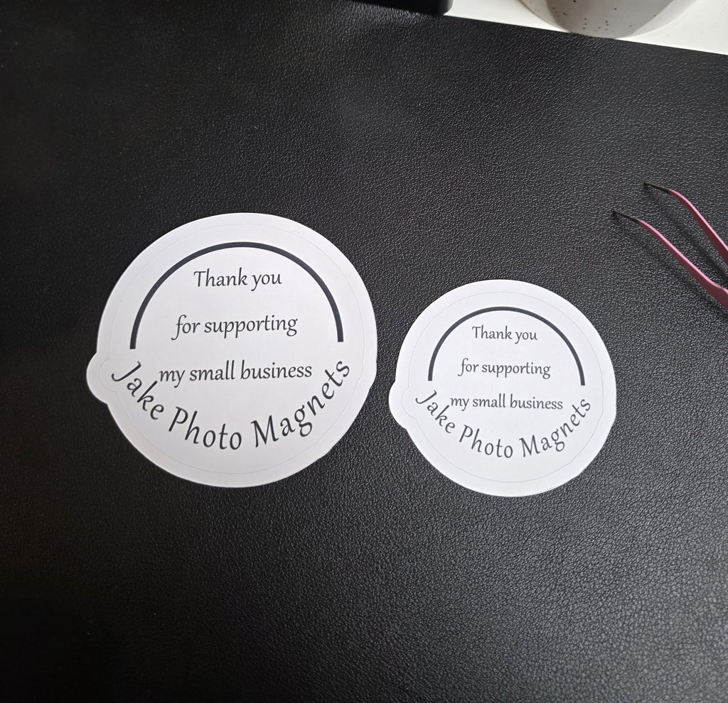 two circle custom thank you packaging stickers side-by-side to scale sizes