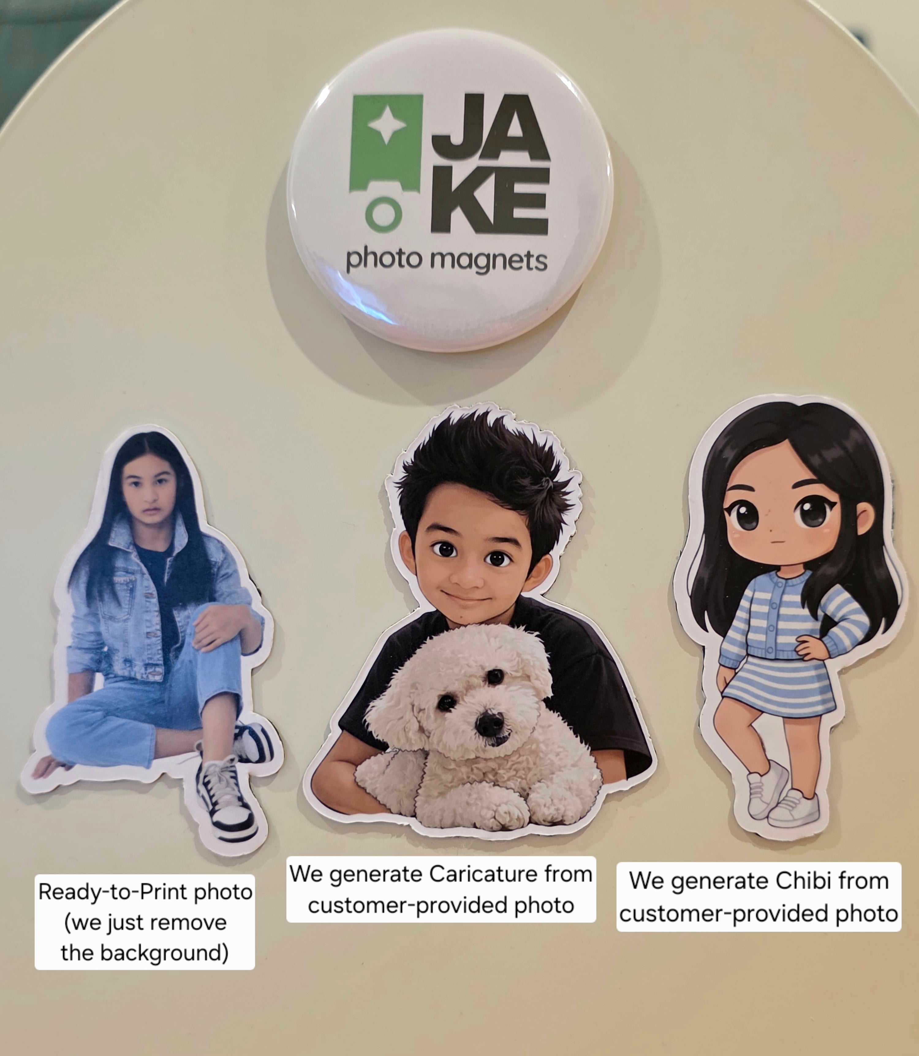 Three photo magnets with cartoonized images of people and a dog, branded 'JAKE photo magnets'.