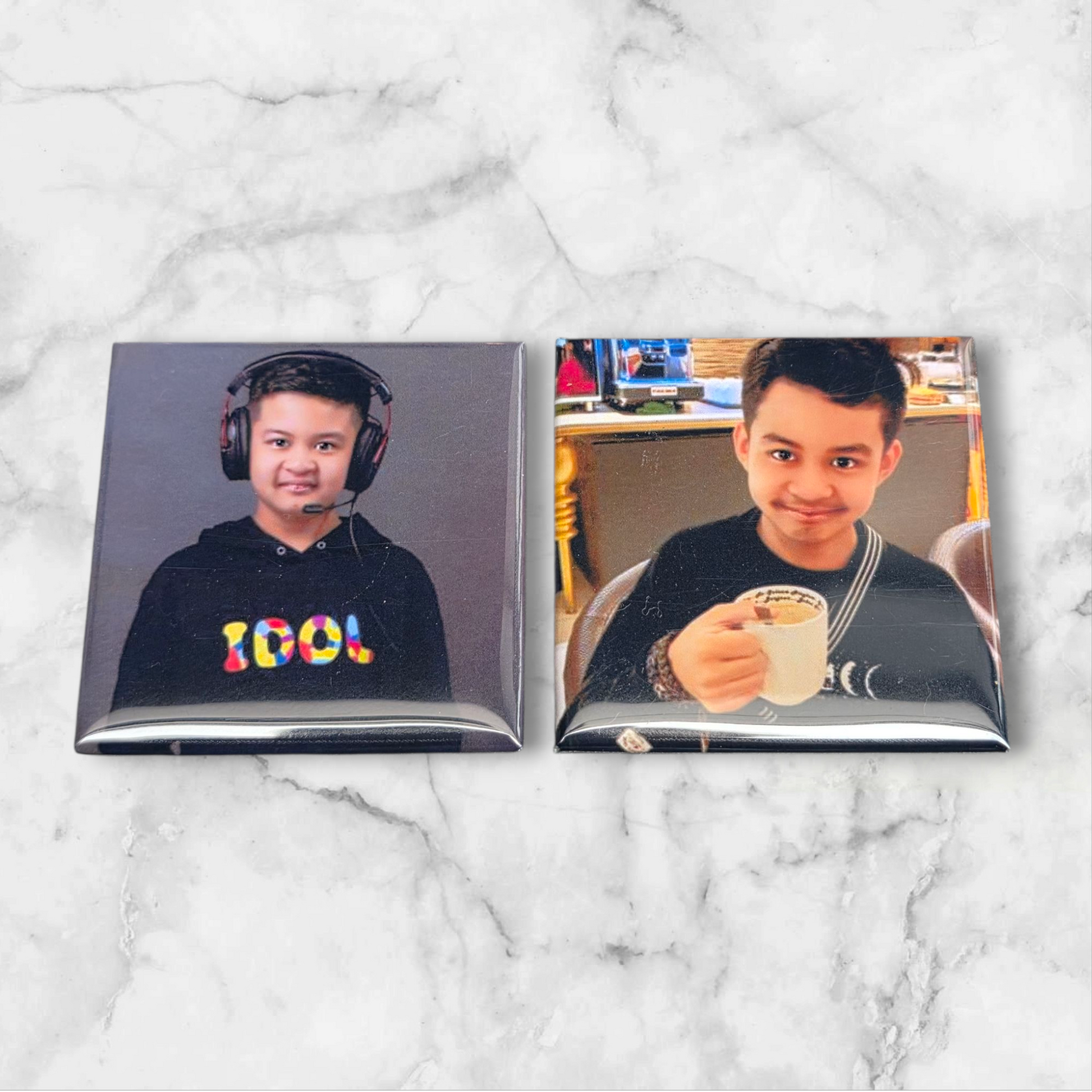 Custom 2x2 inch bubble photo magnets of a teen boy wearing his headphones, and having his first coffee ever.