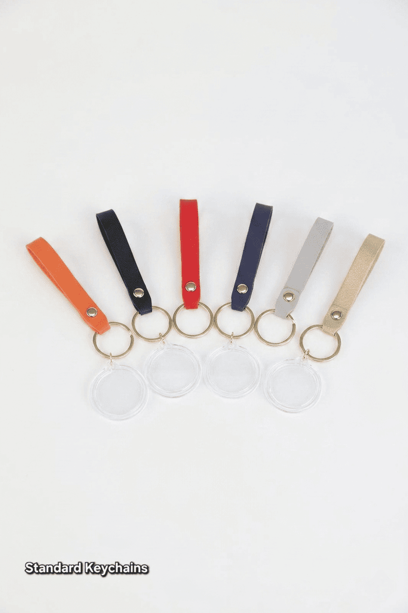 Set of six keychains with different colored straps on a white background