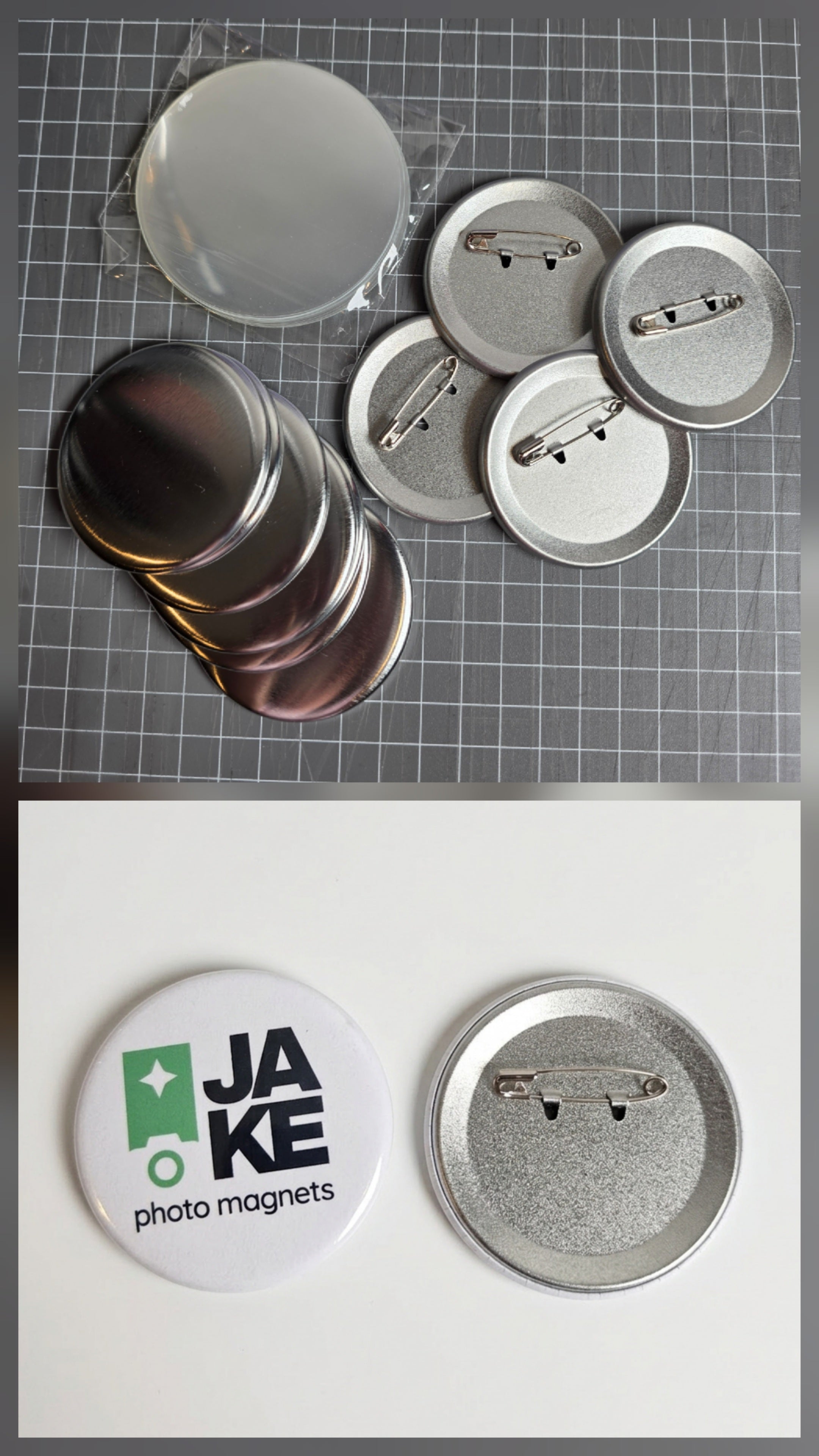 Metallic buttons with a branded magnet on a gray grid background