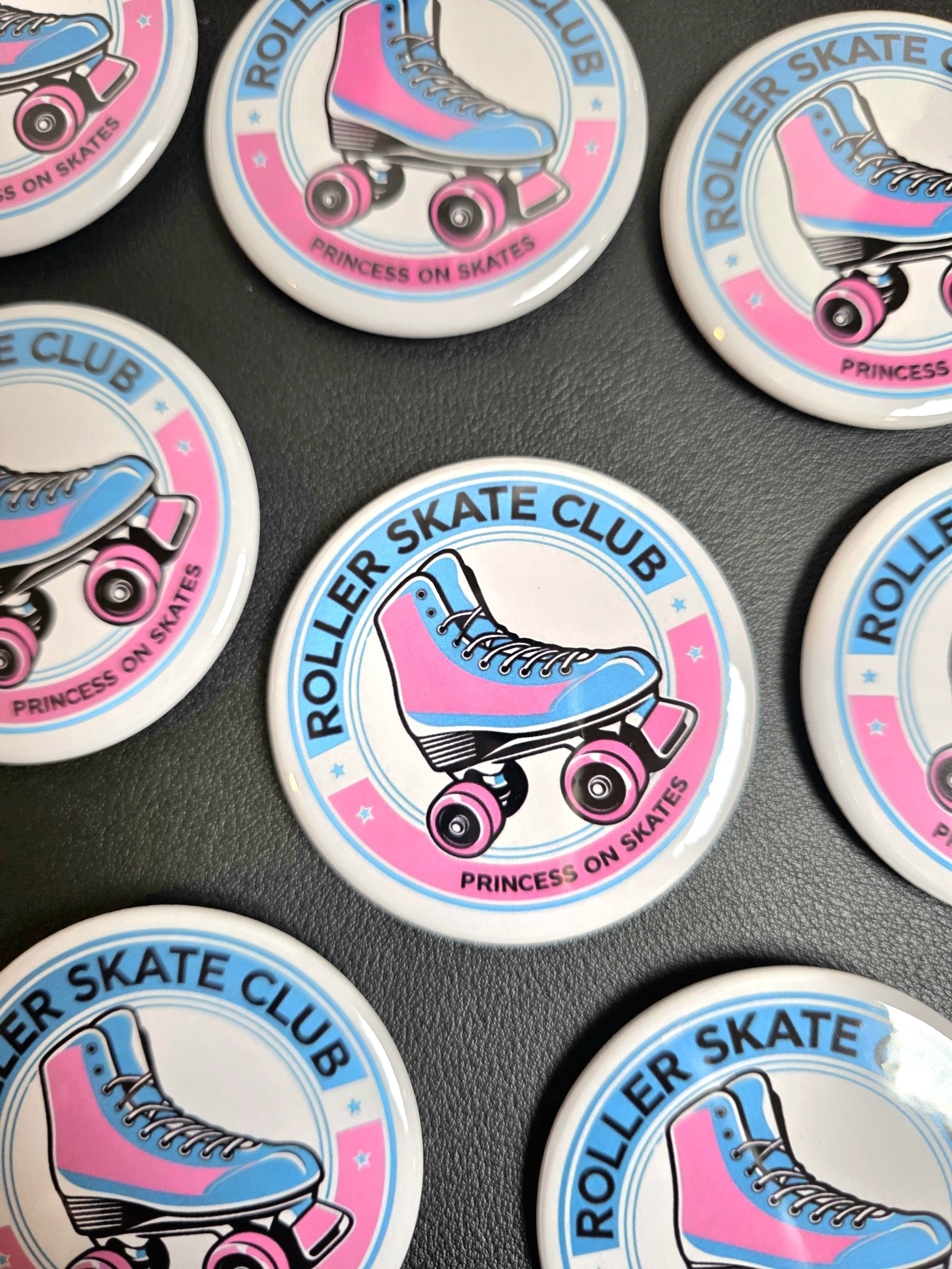Roller Skate Club badges with roller skates and 'Princess on Skates' text on a dark background.