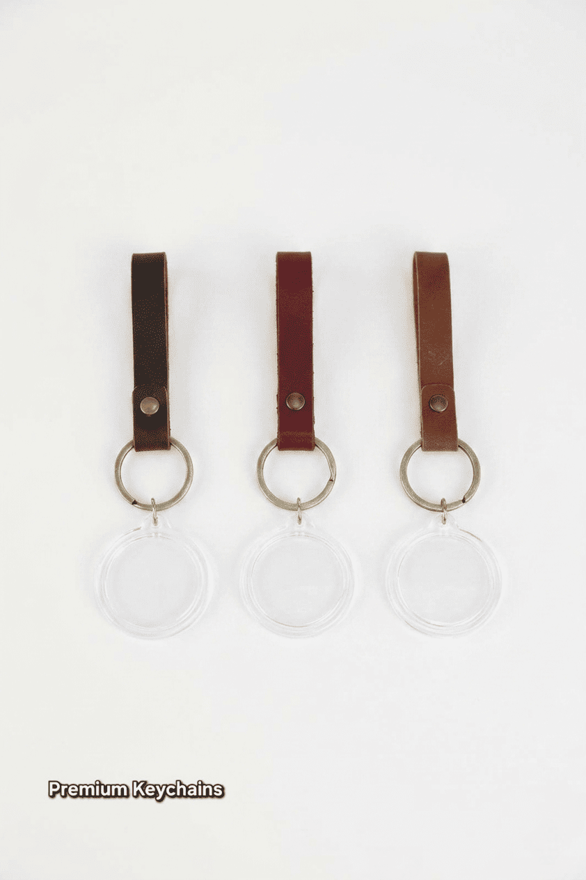 Three clear keychains with brown leather straps on a white background, labeled 'Premium Keychains'.