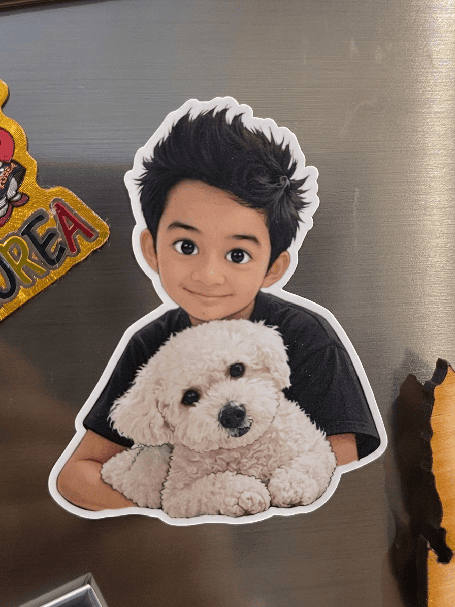 custom die cut photo magnets on fridge showing a boy and his dog