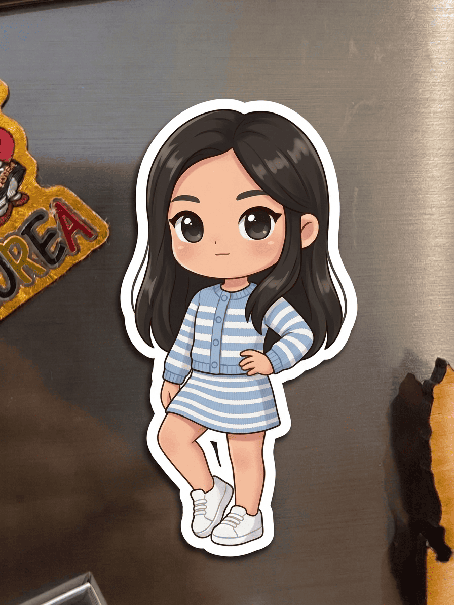 Cartoon character sticker on a metallic surface