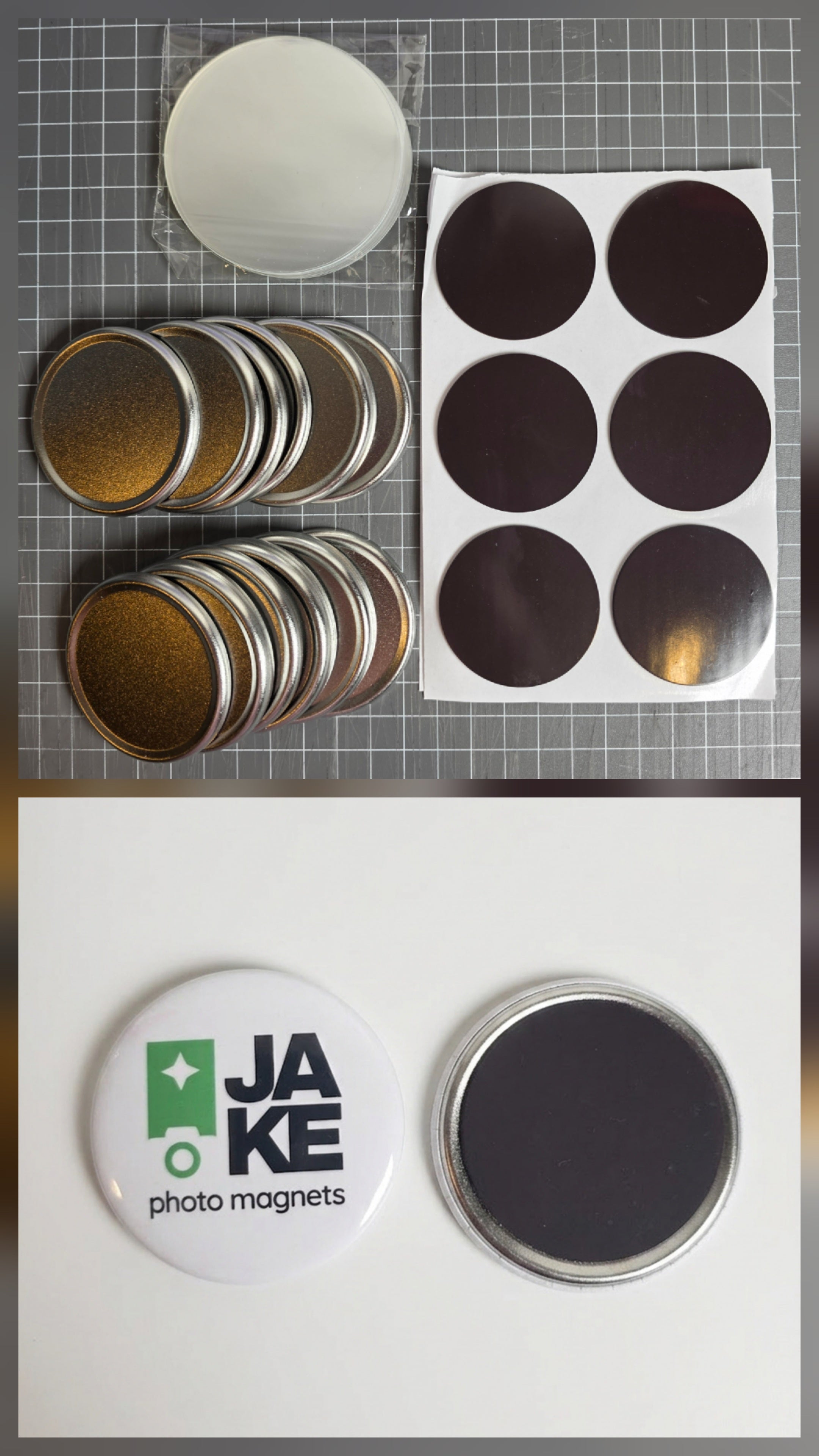 Collection of photo magnets including round and square shapes with visible branding.
