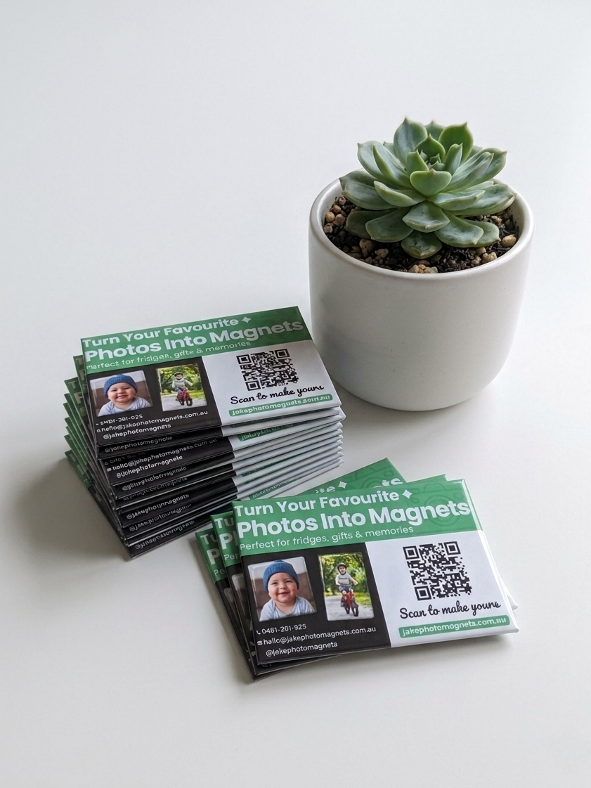 Stack of photo magnet cards with a succulent plant on a white surface