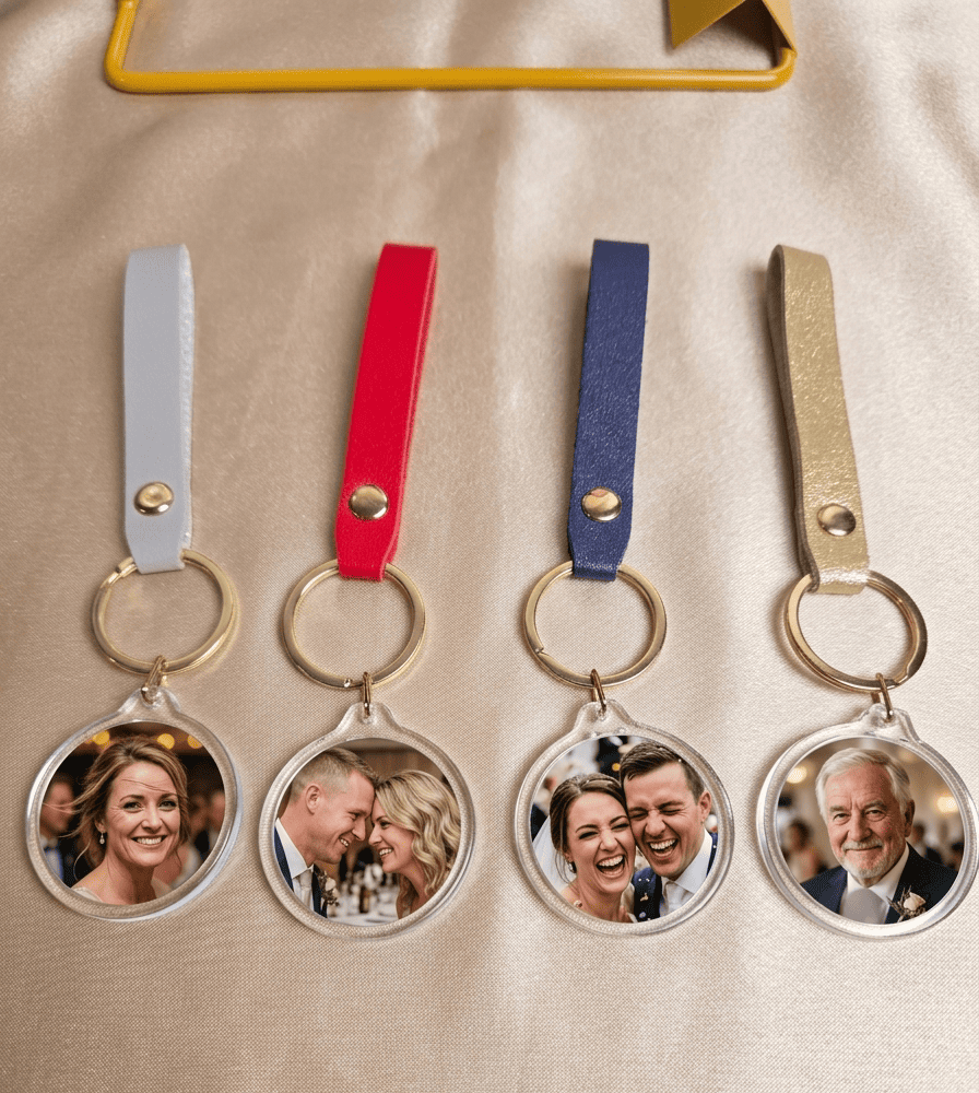 Four keychains with different colored straps on a beige surface